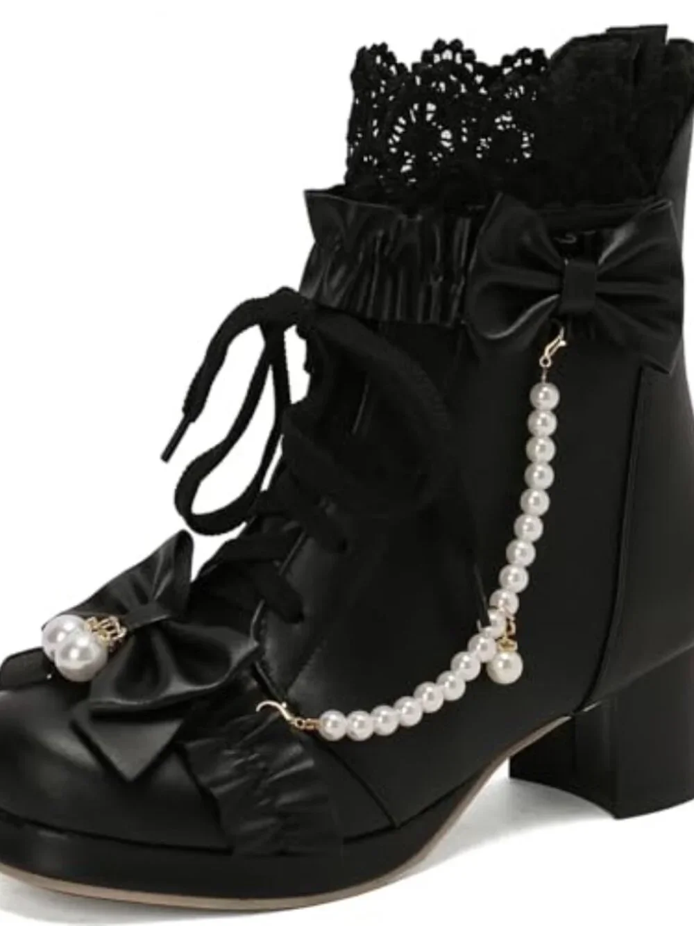 Chunky Mid Heel Ankle Boots Bow Platform Lace Up Booties with Pearl